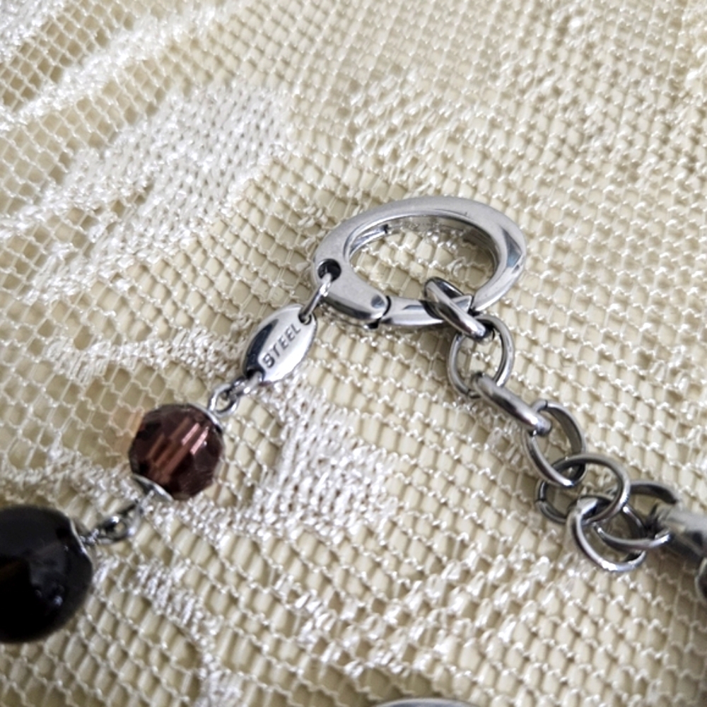 Vintage Fossil Pewter-tone Stainless Steel Gemstone, & Crystal Bead Bracelet - Picture 3 of 4